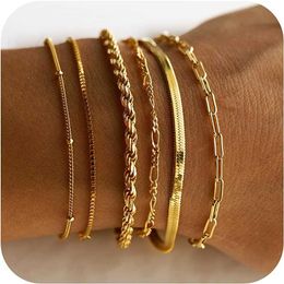 DEARMAY Bracelet en or pour femme étanche 14 carats véritable ensemble de bijoux pour femme - Mode fine et exquise - Chaîne cubaine empilable - Trombone - Chaîne - Sac - Accessoires de mode