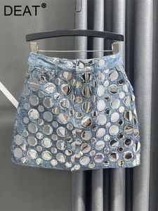Deat 2024 Zomer dames denim Leather lederen High Tailed Round Round Patch Patch Work Bag Hip Blue Short Mini Skirts 29L4143 240423