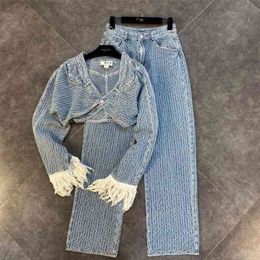 DEAT Herfst Aankomst Lange Kwastje Mouw Enkele Knop Denim Korte Jas Hoge Taille Volledige Jeans Tweedelige Set Dames 359 210331