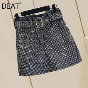 DEAT automne haute qualité femmes au-dessus du genou longueur courte Mini jupe noire à strass avec ceinture MG796 210708