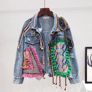 DEAT Automne Hiver À Manches Longues Col Rabattu Vintage Trous Maille Patchwork Bleu Denim Veste Femmes Manteau Streetwear MJ999 201112