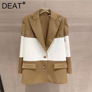 [DEAT] contraste de couleur blanc et kaki Nched simple boutonnage Patchwork Style costume manteau femmes automne hiver GX1066 211019