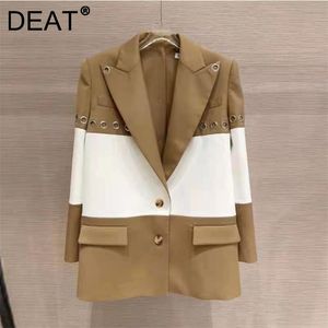 [DEAT] contraste de couleur blanc et kaki Nched simple boutonnage Patchwork Style costume manteau femmes automne hiver GX1066 211006
