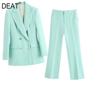 [DEAT] Doble botonadura Chic Otoño Guapo Traje casual Abrigo + Pantalones de pierna ancha de cintura alta Mop Mujer 13T810 220315