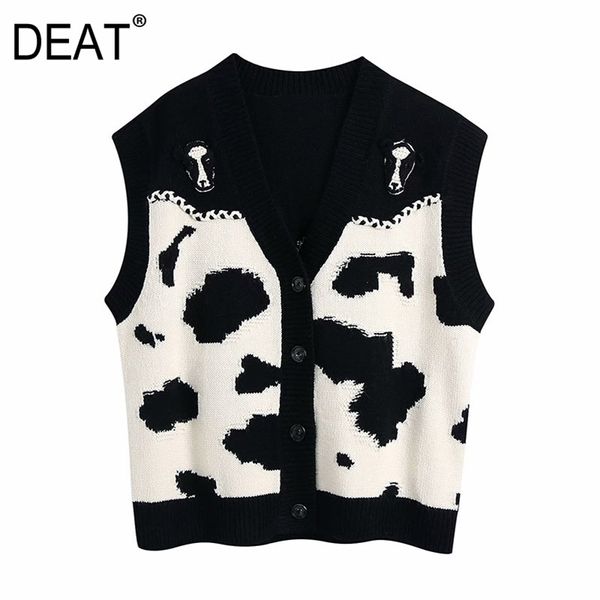 [DEAT] mode printemps automne sans manches col en v motif Animal simple boutonnage tricot pull gilet 13C208 210527