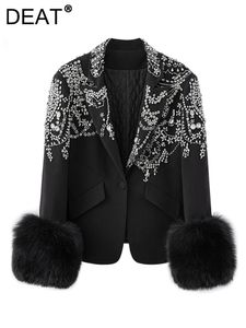 DEAT mode femmes Blazer irrégulier strass simple bouton plume épissé manches noir costume vestes automne 2024 7B0410 240306