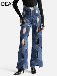 Deat mode dames jeans hoge taille kruis contrast kleur hol uit metalen knop rechte denim broek zomer 2024 17a8765h 240520