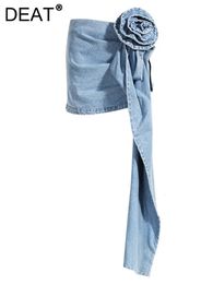 DEAT модная женская юбка с высокой талией, трехмерная роза, асимметричные синие джинсовые короткие юбки, лето 17A8357 240112