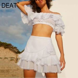 [DEAT] Demi-corps jupe deux pièces costume nouveau Slash cou manches courtes Slim Fit femmes blanc volants mode marée été 7E7935 210428