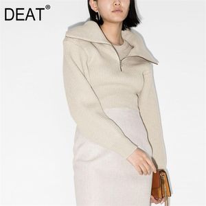 Deat Nieuwe herfst- en wintermode Casual Solid Zipper High Collar Wol Sweater Simple Long Sleeve Dikke Sweater Top Vrouwen SG003 210203
