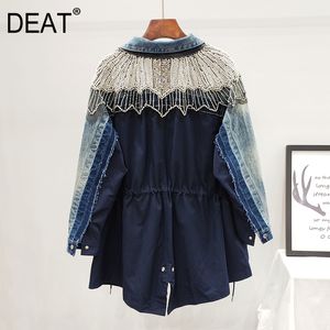 DEAT Automne Mode Denim Vestes Femmes Perles Brillant Diamant Fulll Manches Revers Denim Poche À Fermeture Éclair Lâche HT080 201029