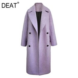 DEAT Otoño Moda Mujer Abrigo de lana Manga completa High Street Purple Solapa Collar Sólido Suelto Salvaje Elegante TX254 201221