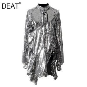 DEAT Nouvelle mode Femmes Printemps et Printemps Paillettes Robe asymétrique Manches complètes Bow Club Sweat-shirt Femme Robe WC33410 210428