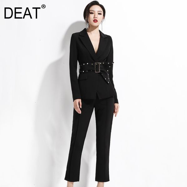 DEAT New Turn-down Collar Camisa larga Manga Slim Fit Moda Marea Negro Cremallera Fly Lace Office Lady Trajes de pantalón alto 7E0392 210428