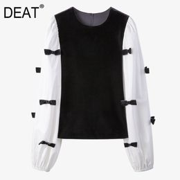 [Deat] O-hals Hals Bow Bubble Lange Mouwen Kleur Contrast Patchwork Shirt voor Dames Casual New Fashion Tide Spring GX31 210428