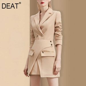 [DEAT] Patchwork solide costume col en v Double boutonnage femmes irrégulière conception demi-jupe deux pièces ensemble printemps et automne GX1081 210930