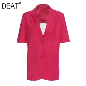 [DEAT] Solide Rose Manches Courtes Manteau Femmes Nouveau Lâche Simple Boutonnage Dos Creux Costume Femme Corée Mode Été GX1249 210428