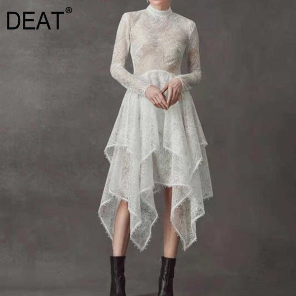 DEAT primavera y verano moda Casual temperamento cintura alta Irregular encaje blanco vestido de longitud media mujeres 210527