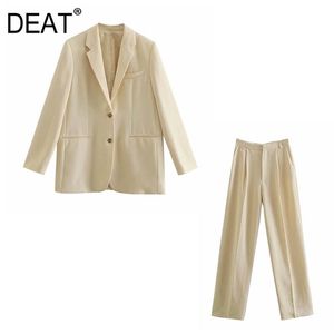 [DEAT] printemps automne mode manches longues simple boutonnage poches Blazer couleur unie jambe large pantalon costume femmes 13C608 210527