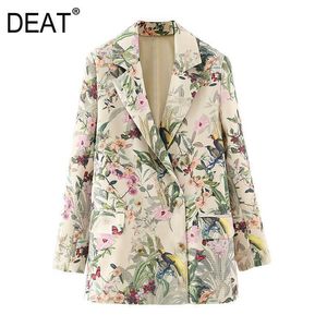 [Deat] Lente Herfst Mode V-Hals Double Breasted Printing Lange Mouw Losse Temperament Dames Blazer 13W640 210527