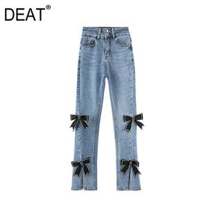 [Deat] lente mode potlood broek losse effen kleur split vork hoge taille boog persoonlijkheid vrouwen jeans 13c622 210527