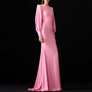 [DEAT] printemps mode col rond taille haute parole longueur à manches longues rose élégant robe femmes qualité 13C781 210527