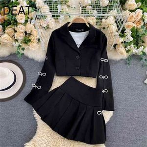 DEAT Printemps À Manches Longues Col En V Arc Simple Boutonnage Boutons Blazer Jupe Courte Deux Pièces Ensemble Femmes Tenues ML496 210527