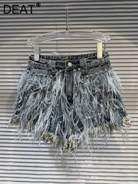 Deat Streetwear Fashion Diamond Beads Feather Tassels Denim Shorts For Women High Taille Short Pants 2024 Vrouwelijke herfst 11xx5620 240410