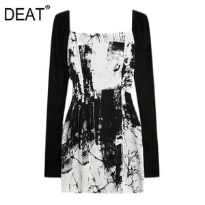 [Deat] zomer mode afdrukken lange mouw hoge taille vierkante kraag temperament elegante mini-jurk vrouwen 13Q456 210527