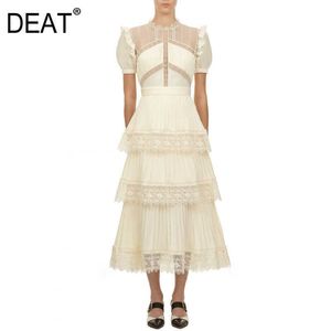[Deat] zomer mode ronde hals hoge taille enkellengte korte mouw net garen effen kleur elegante jurk 13c662 210527