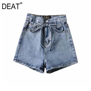 [DEAT] été mode couleur unie taille haute cordon a-ligne tempérament femmes jambe large Denim Shorts 13C944 210527