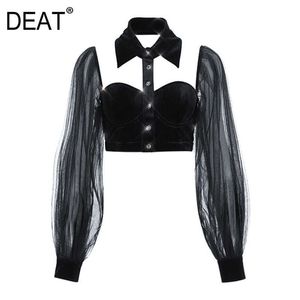 [DEAT] été hauts à la mode simple boutonnage couleur unie à manches longues Net fil velours Sexy Style femmes chemise 13C910 210527