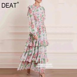 DEAT été mode femmes vêtements col rond volants pull gâteau dres imprimé polyester femme vestido WR52709L 210428