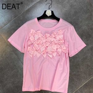 Deat Summer Ladies T-shirt Korte mouw O Hek Boog Flower T-shirt Vrouwen Top Streetwear Pink Color T-Shirt HR444 210709