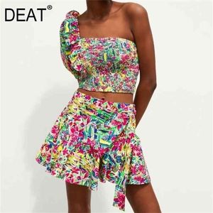 Dat Summer One Shoulder Short Puff Sleeve Floral Print Dauw Navel Blouse Mini Rok Dames Twee Stuk Set MF569 210730