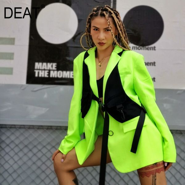 [DEAT] col en v vert Fluorescent couleur vive haut costume Long manteau femmes noir gilet lâche mode coréenne printemps GX832 210428