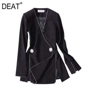 DEAT V-Col V-Col Flare Lseeves Deux boutons Slim Haute Mode Femmes Costume unique OL Veste sexy All Match WD61801XL 210428