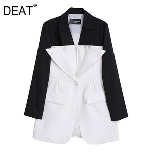 [DEAT] Col en V à manches longues à manches longues Texture ample Manteau Femmes Corée Mode Noir et Blanc Couleur Patchwork Costume Printemps GX705 210428