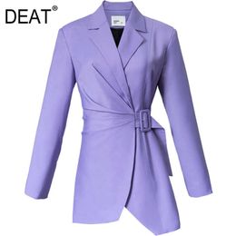 DEAT femme Blazer manteau violet solide ceinture asymétrie col cranté manches longues mince élégant Style décontracté automne 15XF488 210930