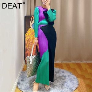 Dat Woman Plooited Wide Pen Pants Hit Color Patchwork One Button Elastische Taille Negen Lengte Casual Stijl Herfst 15XF813 211115