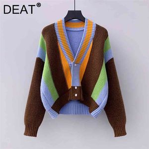 DEAT Mujer Suéter Punto Cardigan Hit Color Manga larga V Cuello Suelto Salvaje Estilo Casual Otoño Moda 15XM263 210917