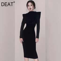 DEAT Femmes Noir Bandage Bureau Lady Taille Haute Robe Nouveau Col Rond Longue Manches Volantes Slim Fit Mode Marée Été 7E0447 210428