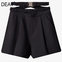 {DAT} Dames Zwart Folds Cross Bayonet Riem Wide Been Shorts Hoge Taille Slanke Fit Broek Mode Tij Zomer 7D1220 210421