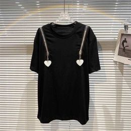 Deat Women Black Zipper T-shirt aankomsten Round Neck korte mouw temperament Fashion Spring Summer 11D522 210709