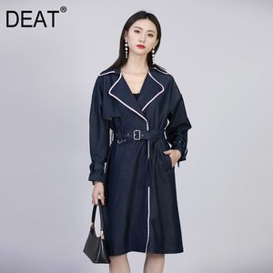 {DEAT} Dames Navy Blue Big Size Midi Trench Revers Lange Mouw Losse Fit Windbreaker Mode Tij Lente Herfst GX163 210421