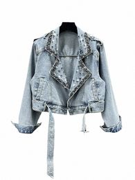 Deat Vrouwen Denim Jassen Gekerfde Kraag Diamd Geborduurde Flares Riem Taille Korte Jassen 2024 Zomer Nieuwe Fi 29L3766 C378 #