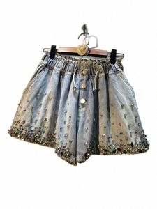 deat Dames Denim Shorts Gekleurde Kralen Diamd Trekkoord Hoge Taille Losse Wijde Pijpen Korte Jeans 2024 Zomer Nieuwe Fi 29L56 R0sY#