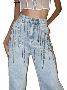 Deat Jeans pour femmes taille haute brillant Lg gland chaîne Diamd couleur unie pantalon en jean droit 2024 été nouveau Fi 29L3492 65BP #