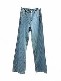 Deat Jeans pour femmes taille haute rayé vertical Hot Fix Rhineste Diamd lâche pantalon en denim droit 2024 été nouveau Fi 25CQ #
