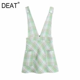 [DEAT] Moda de verão feminina com decote em V sem mangas, bolso, decoração, listras, corte em A, vestido temperamento 13Q384 210527